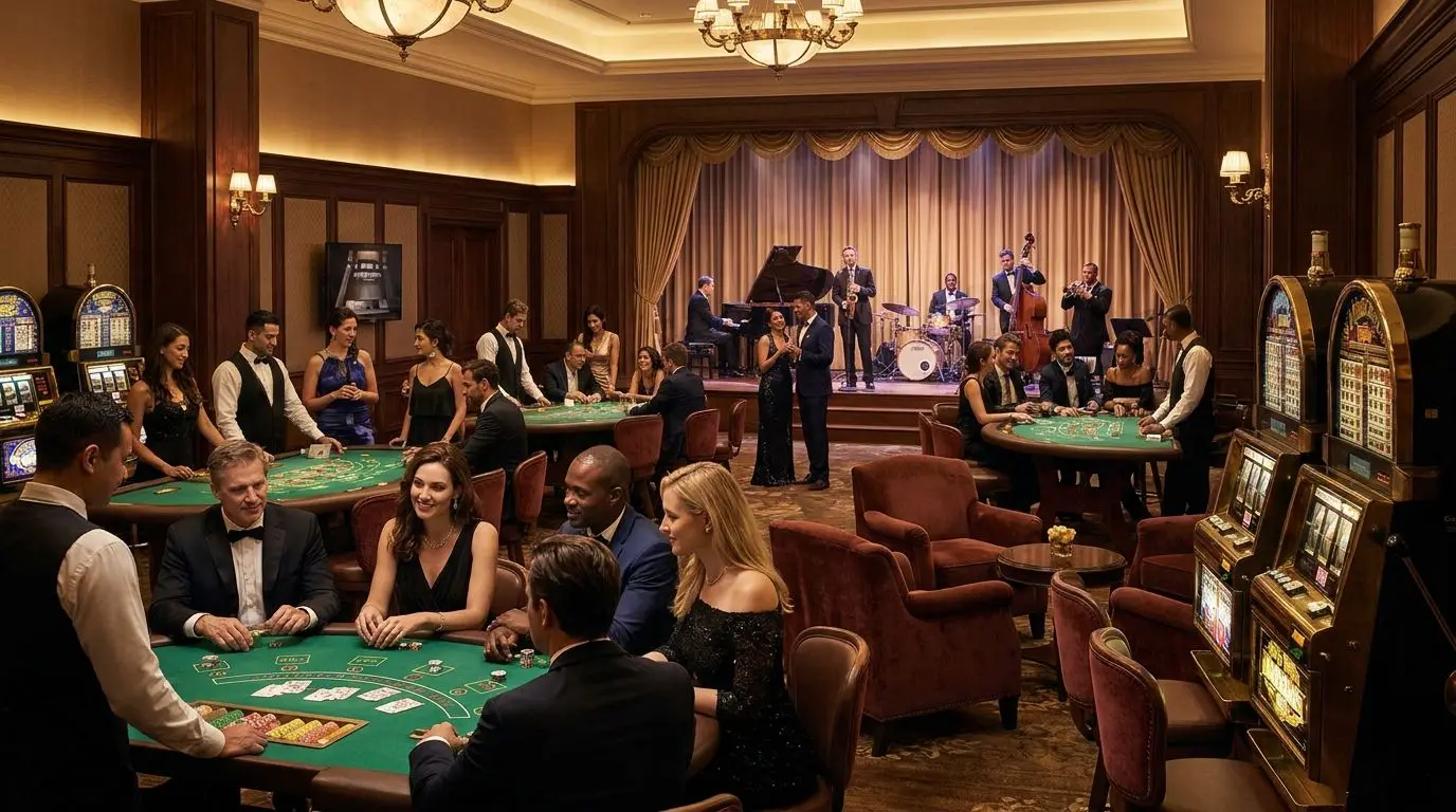 Jogos e entretenimento em ambiente elegante Ambiente interior de lazer com mesas, máquinas e espectáculo